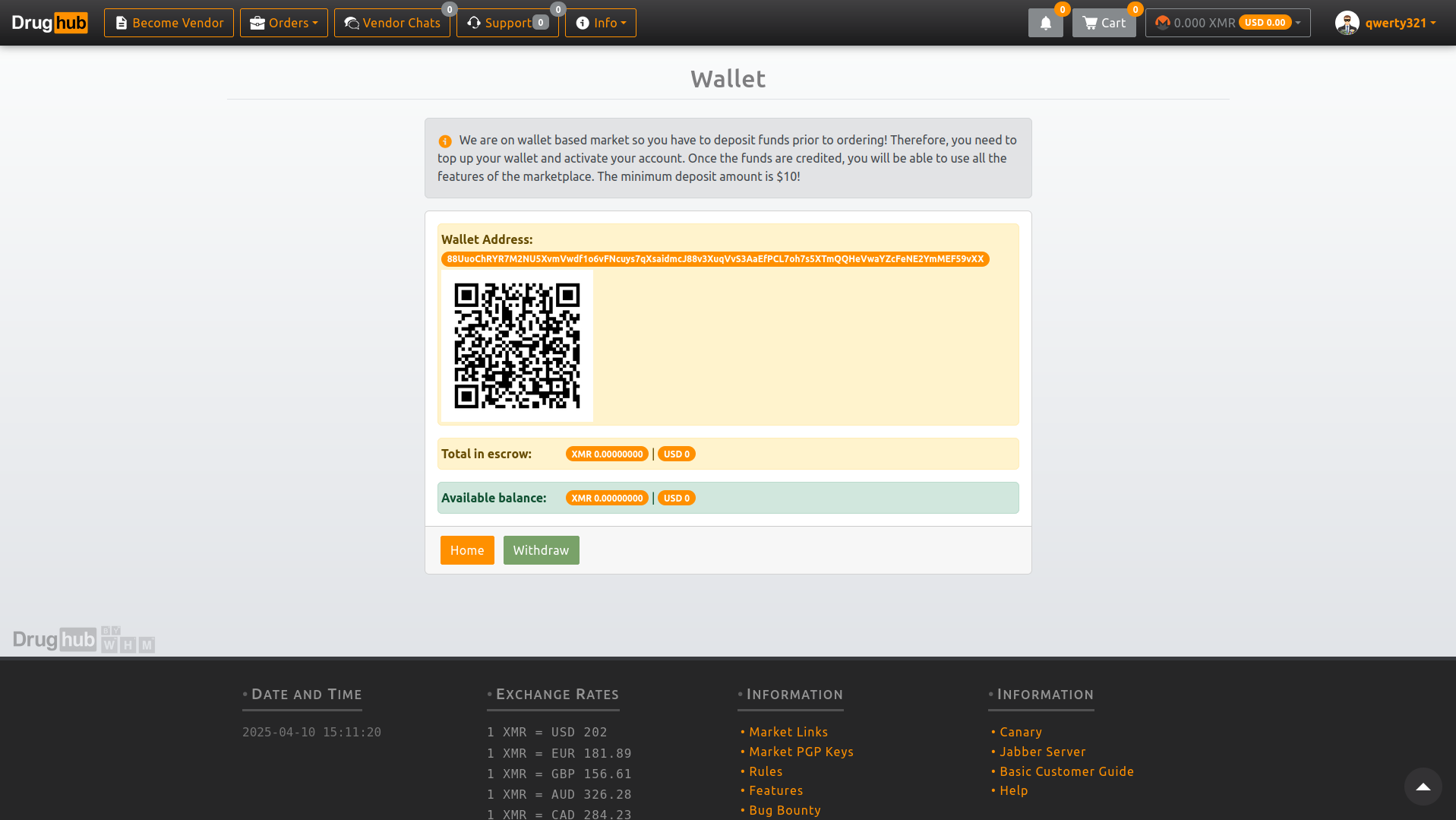 Integrated Monero wallet interface with transaction history